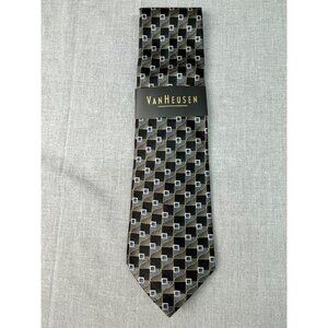 NEW Van Heusen Men's Silk Tie Black Yellow Grey Brown Blue Geometric Pattern